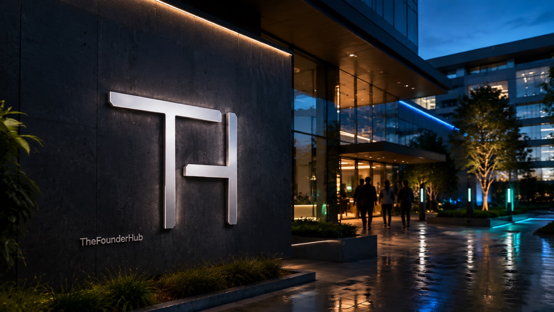 TheFounderHub flagship building at blue hour