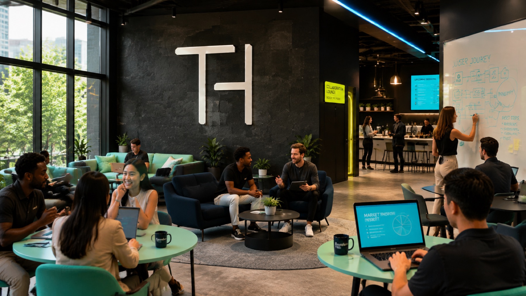 Founders working together in a sunlit lounge