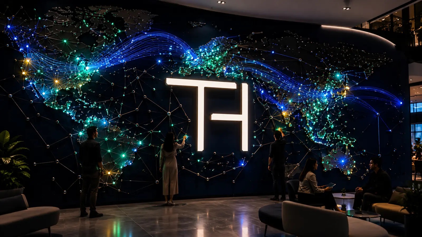 Illuminated global founder network wall