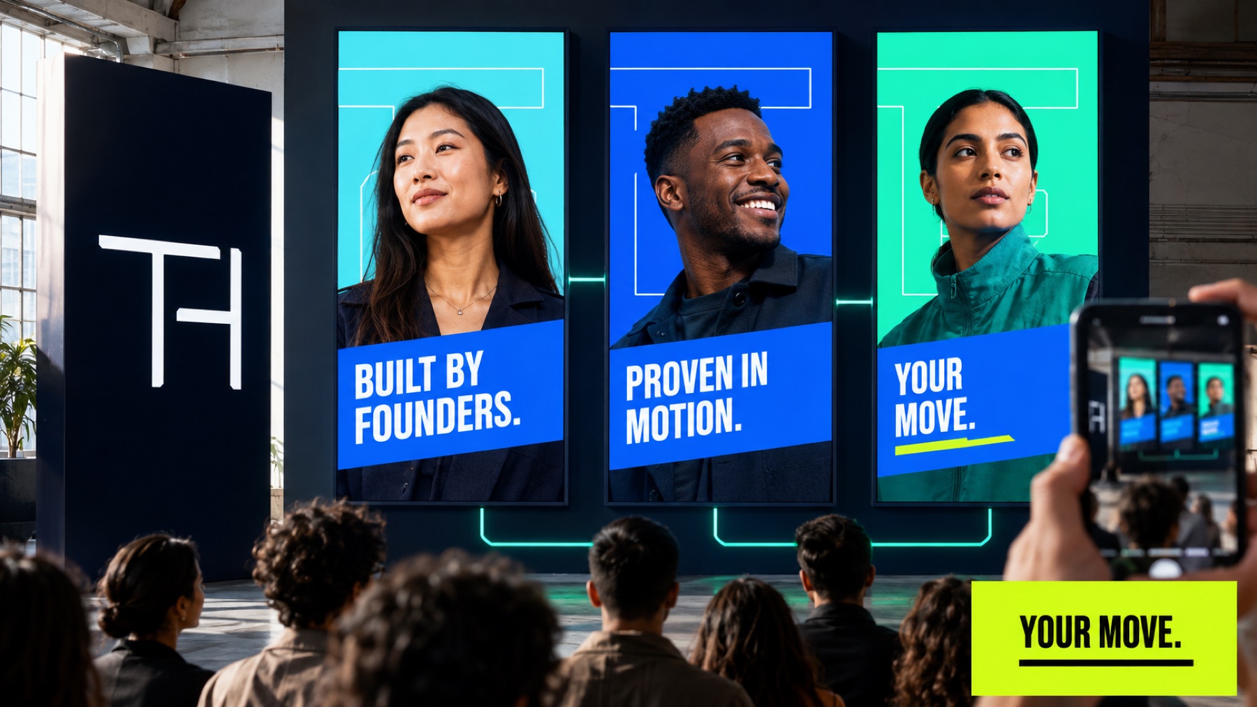 Founder portraits in motion on illuminated panels